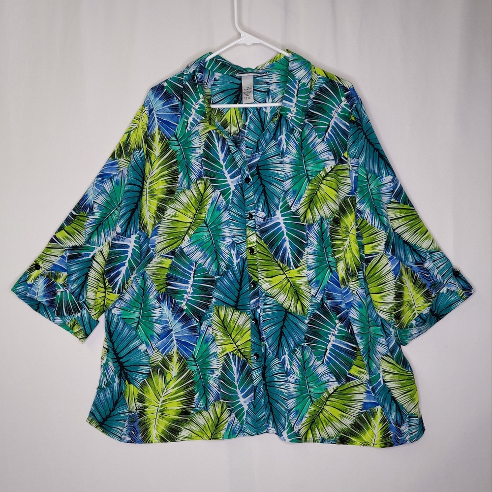 Catherines Button Shirt Women 22W/24W Tropical Leaf Palm 3/4 Cuff VNeck Coastal